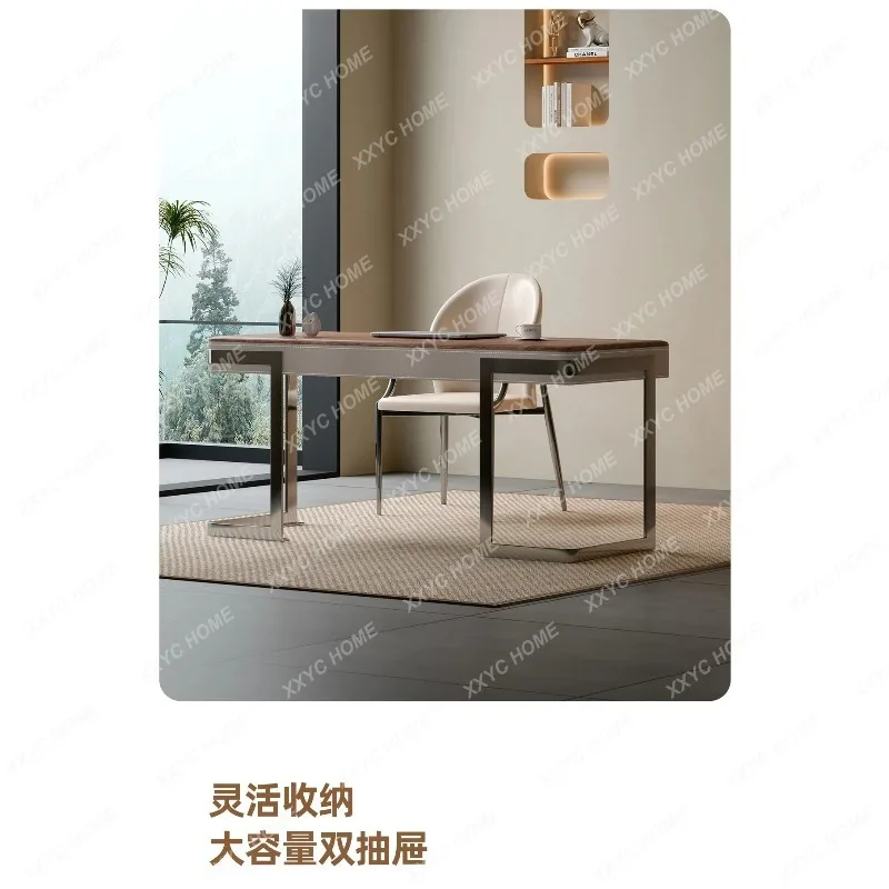 XX Retro Walnut Wood Desk Solid Wood Writing Table Minimalist  Style Home Office Computer Desk With Faux Leather Top