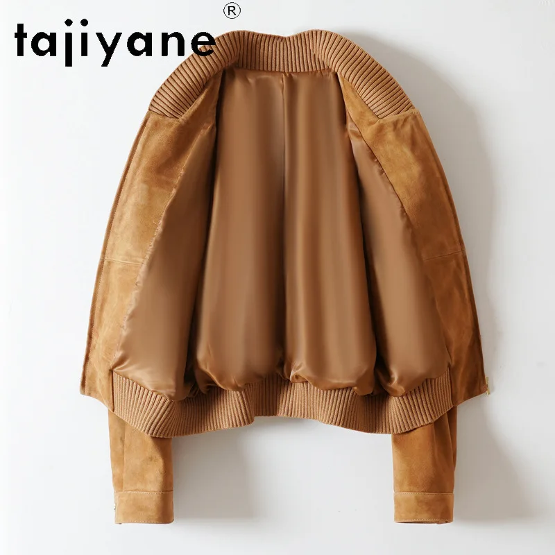 TAJIYANE Genuine Leather Jacket Women Vintage Goat Suede Leather Coat Outerwear Knitted Stand Collar Baseball Jackets Jaqueta