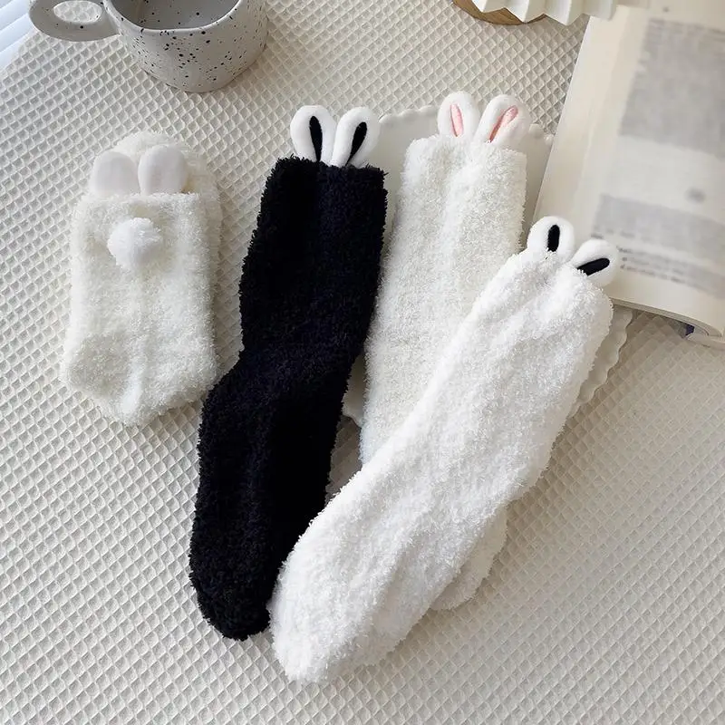 Winter Kawaii Floor Socks Velvet Thickening Warm Coral Velvet Animal 3D Rabbit Ears Socks Home Footwear Sleeping Socks