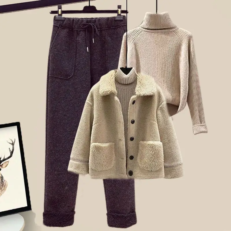 2023 Winter Lamb Plush Fur Integrated Pellet Fleece Coat Sweater Casual Pants Three Piece Elegant Women\'s Pants Set