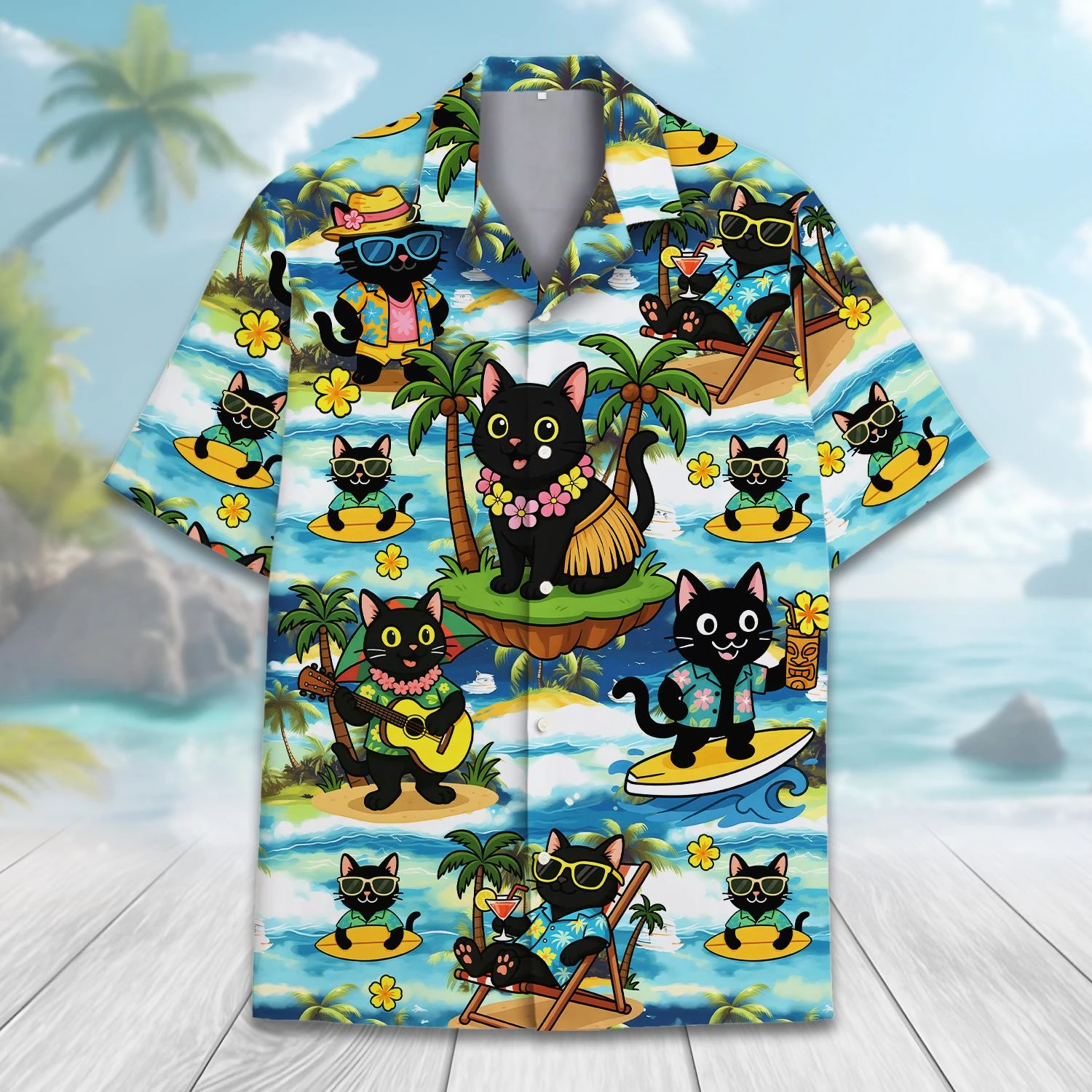 3D Printed Cartoon Black Cat Hawaiian Beach Shirt For Unisex Summer Vacation Button Down Lapel Shirts Cool Short Sleeve Blouse