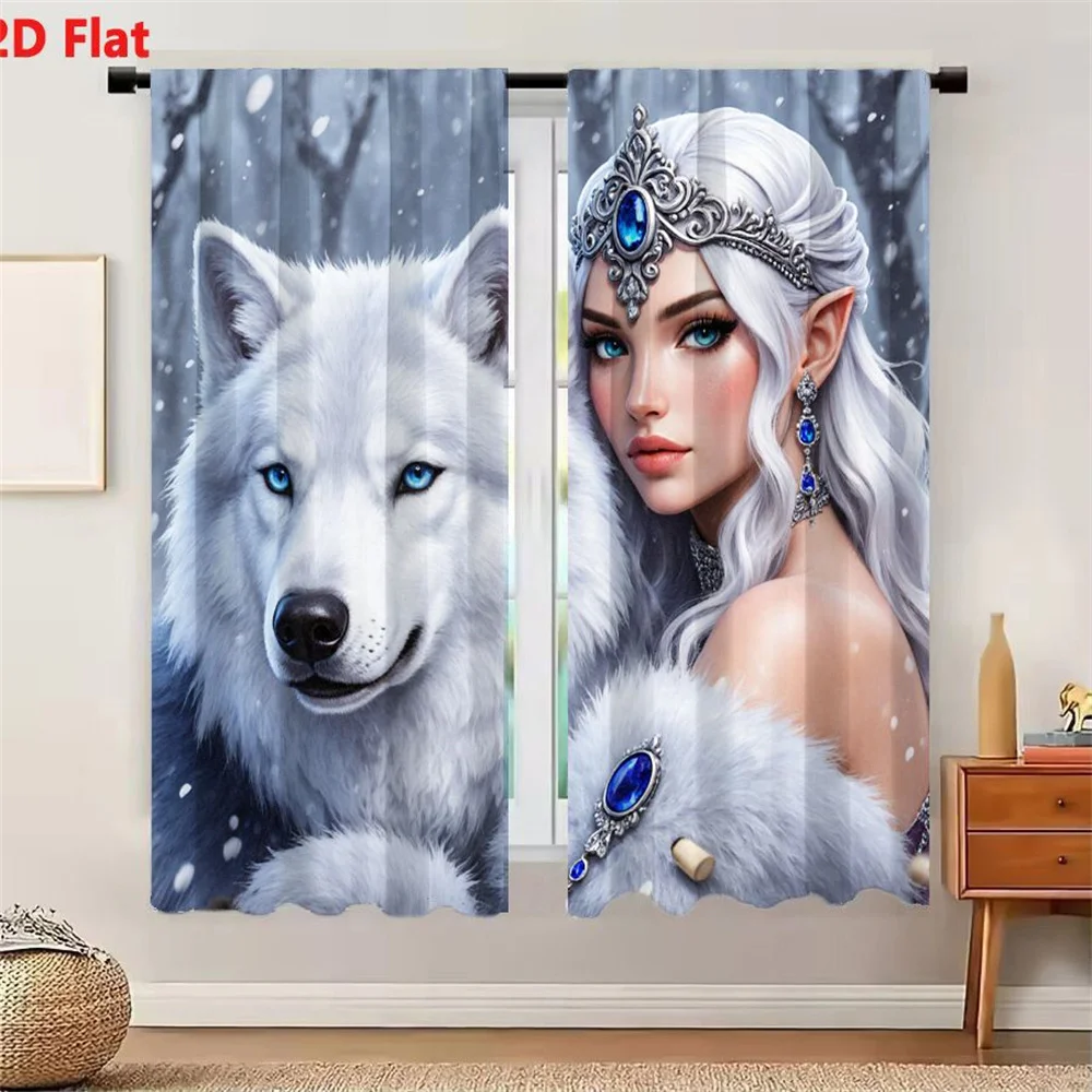 2Pcs Curtains 2D Flat Fantasy Winter Forest Scene With Majestic White Wolf And Silvery - Haired Elf Woman Window Drapes for Bedr