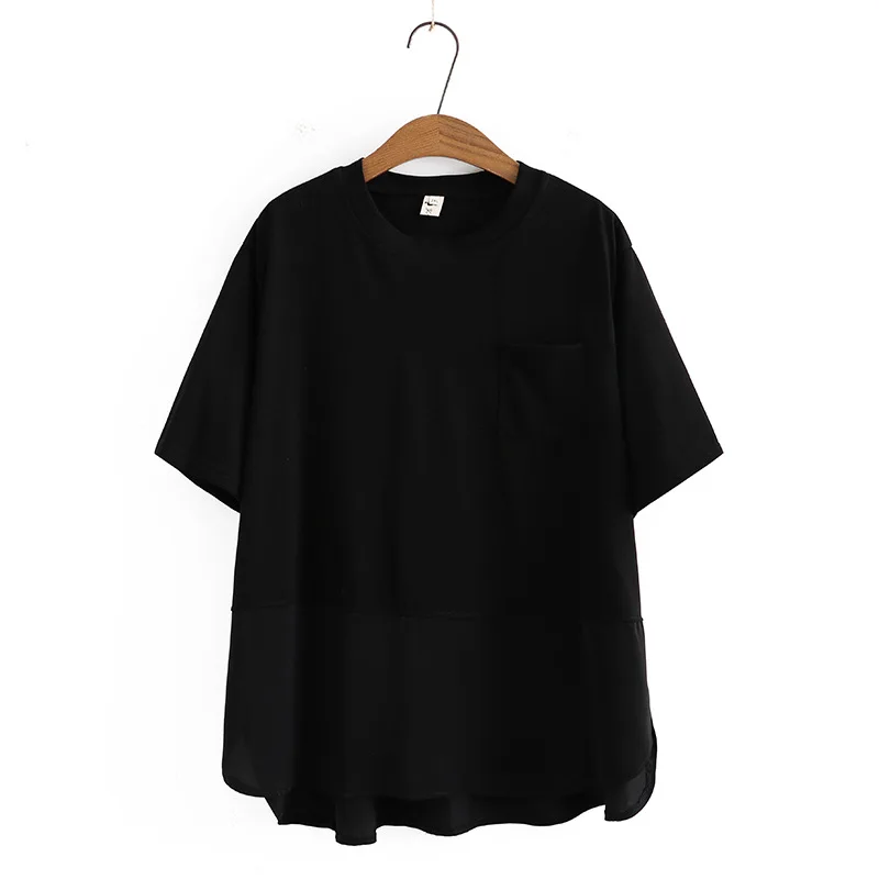 Plus Size Women T-Shirt Short Sleeve Cotton Pocket Stitching Tops Loose Tees Oversized Curve Clothes 2023 Summer K91-9091