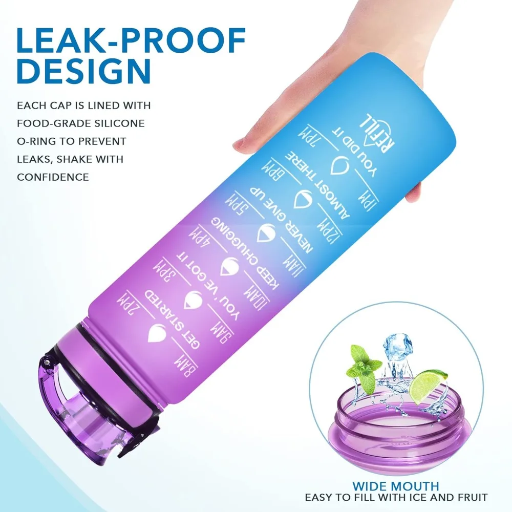 Large Capacity Water Bottle with Drinking Time and Straw, Leakproof, Suitable for Office, Gym, Outdoor Sports Water Bottle