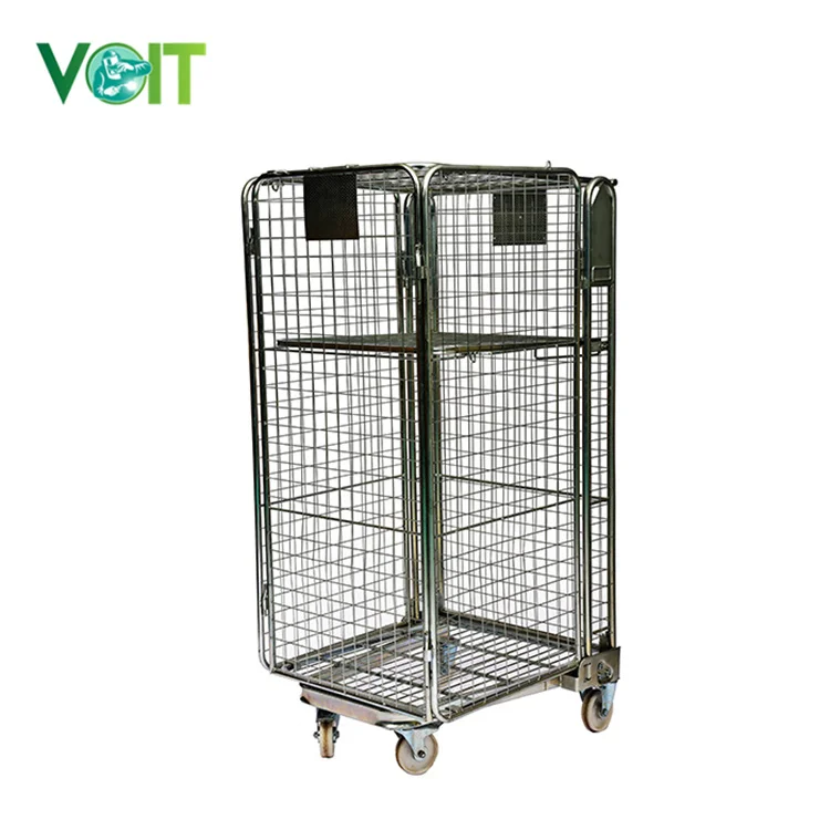 VT Industrial Folding Nesting Logistics Warehouse Storage Steel Metal Mesh Roll Cage Trolley