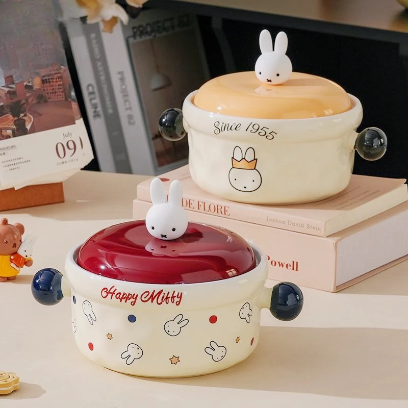 미피 귀여운 만화 세라믹 국수 그릇 뚜껑 포함 대용량 전자레인지 사용 가능 도시락 내구성 보온 사무실 및 가정용