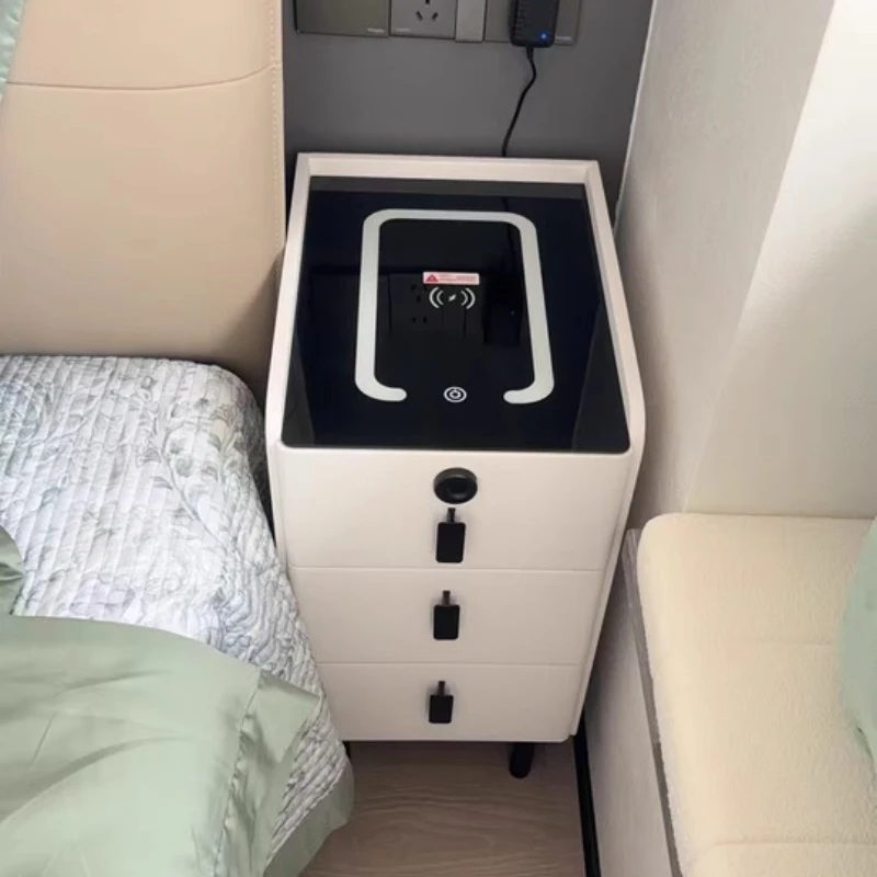 Bedroom 3-Tier Nightstands with Charging Station Solid Wood Bedside Cabinet Luxury Narrow Storage Minimalist Smart End Tables