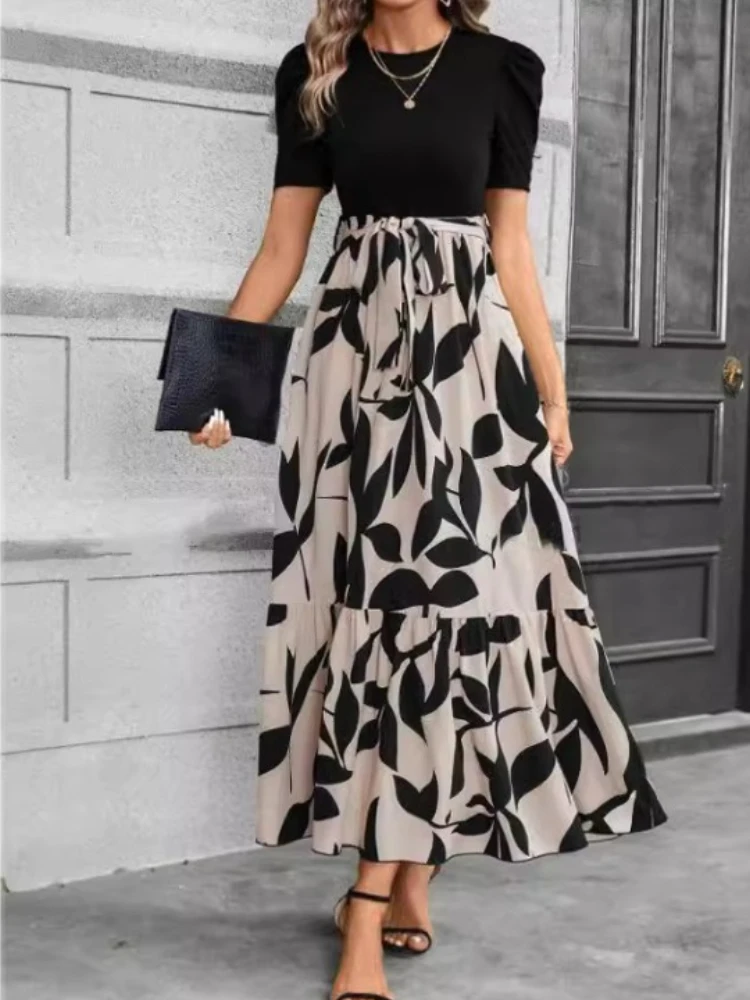 Dresses Elegant Office Lady Outfits A-line Lace-up Slim Fit Waist Ruffle Hem Skirt Color Matching Prin Dress Summer Autumn