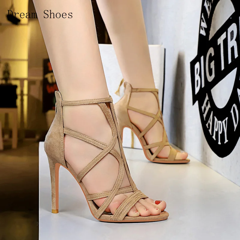 

Летние тонкие сандалии в американском римском стиле, элегантные замшевые сексуальные туфли на высоком каблуке для улиц