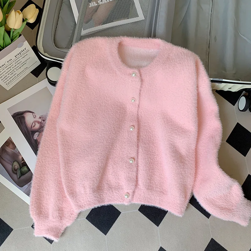 Autumn And Winter Lazy Knitted Jacket Imitation Mink Velvet Knitted Sweater Solid Color Round Neck Pearl Button Cardigan