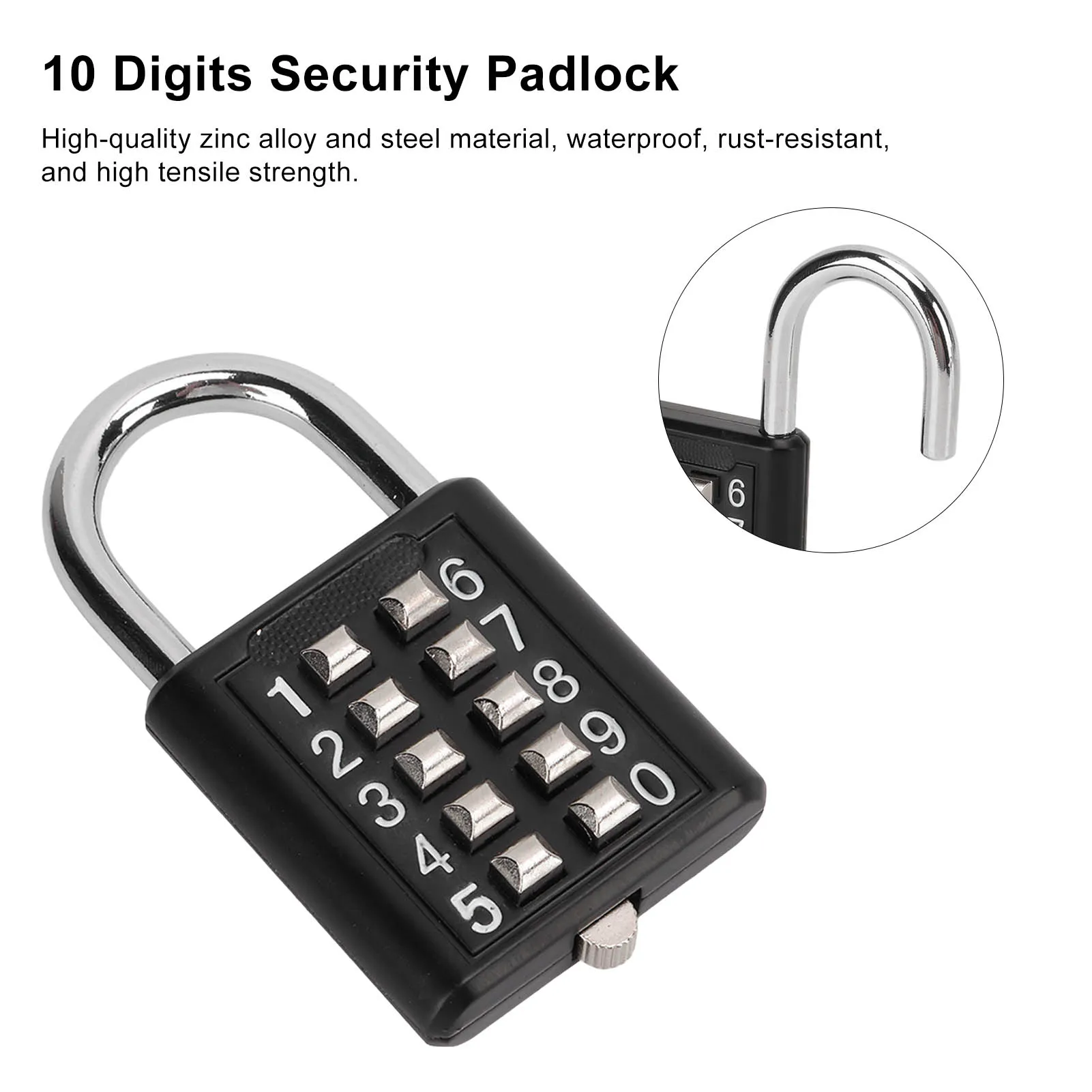 10 Digits Security Padlock Outdoor Padlock High Strength Rustproof Zinc Alloy Waterproof for Gym Cabinet Gate Toolbox Suitcase