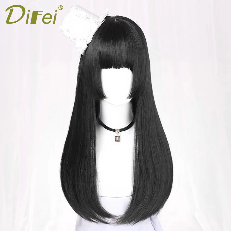 Natural Long Straight Synthetic Black Wig With Bangs Lolita Cosplay Hair Wigs For Women Heat Resistant Fiber Daily Party Wig Fem