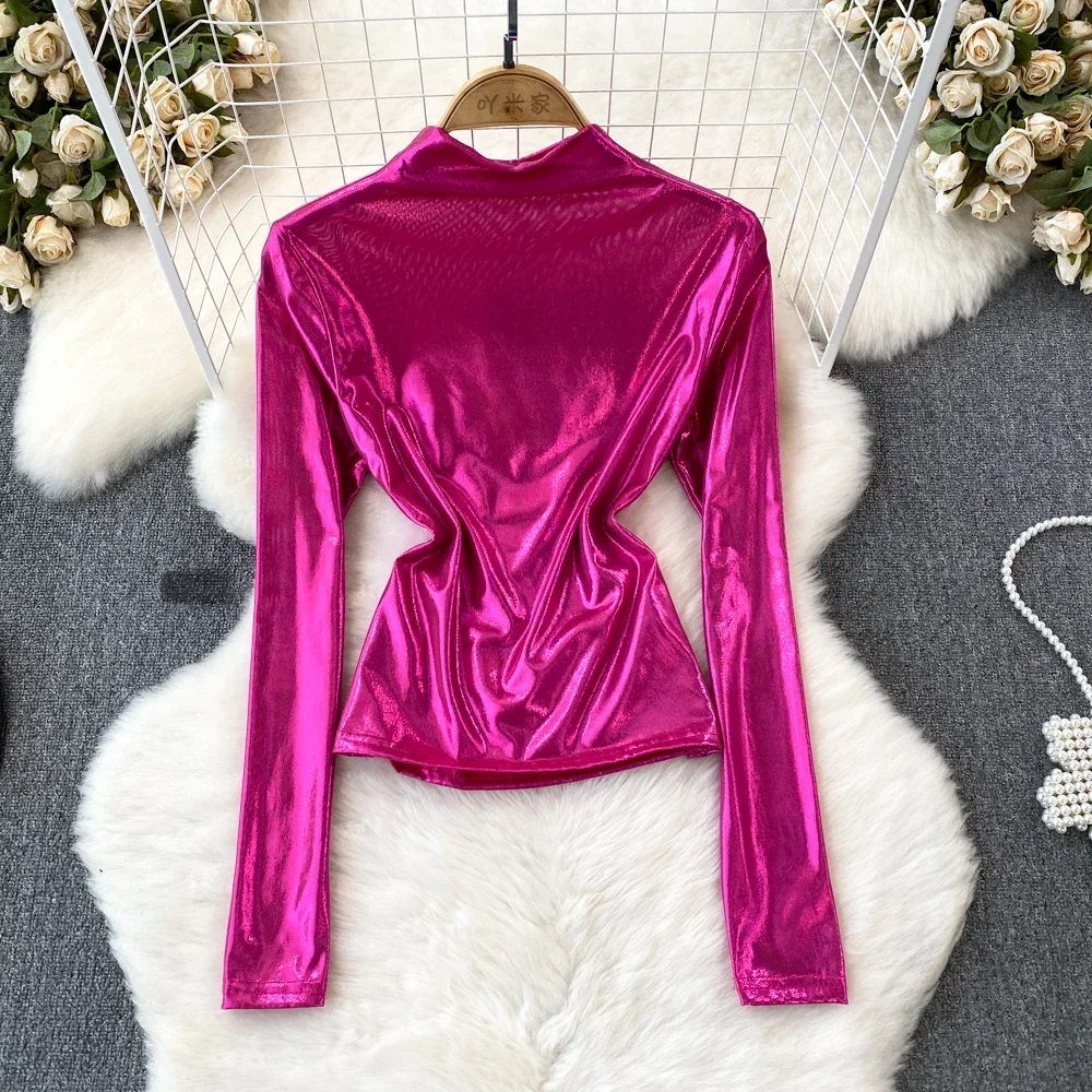 Basics Long Sleeves Stand Collar Hotsweet Vintage Metallic Color Fashion Slim Top Streetwear High Street Spring Autumn T-Shirts