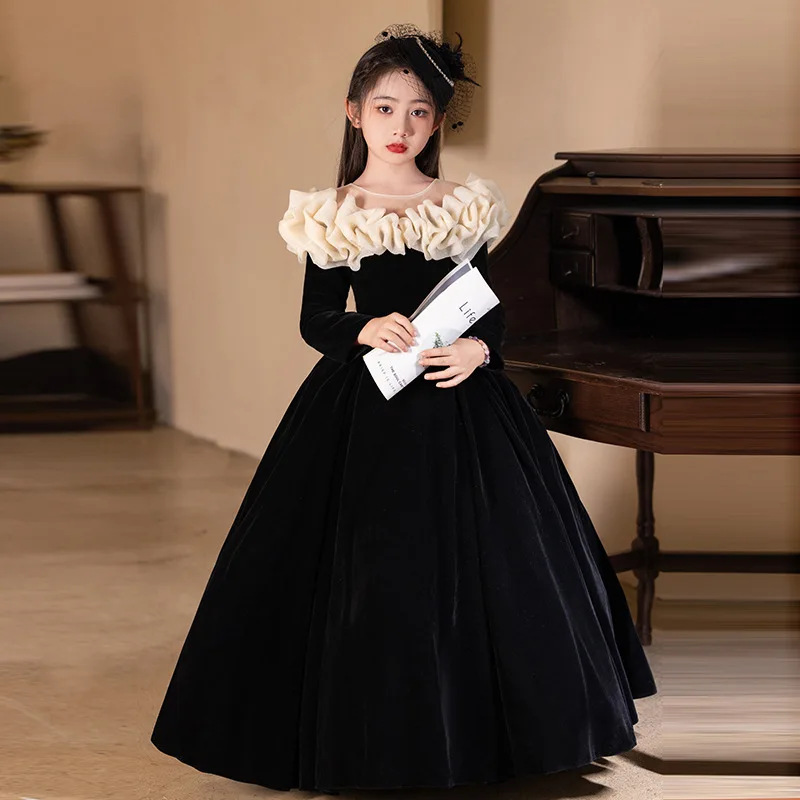 Girls' Velvet Long-Sleeved Summer Birthday Princess Dress Hostess Piano Performance Attire