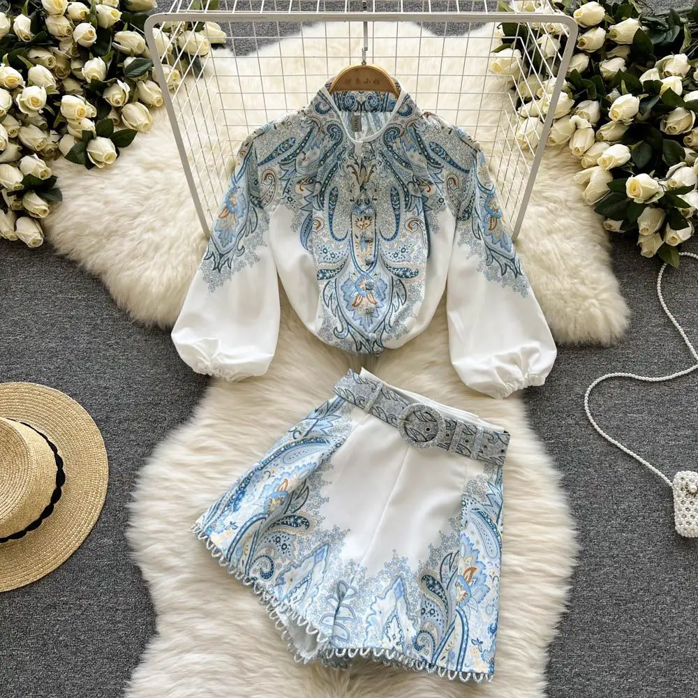 

Spring/Summer Retro Palace Style Print Set Women's Lantern Sleeves Stand up Neck Top+High Waist Wide Leg Shorts Two piece Set