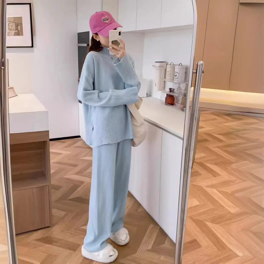 

Two Pieces Women Knitted Pant Set Casual Sweater Matching Set Solid Turtleneck Pullover Slit Top Wide Leg Pant Loose 2025 Autumn