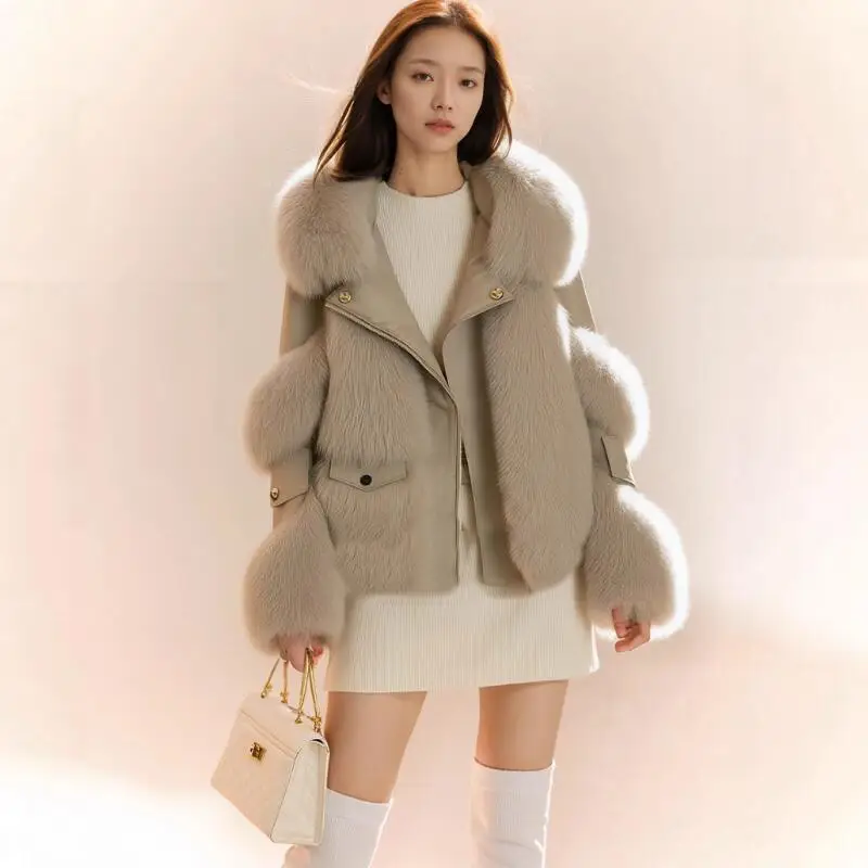 

Winter 2025 New Design with Fur Leather Integrated Temperament Thick Warm Jacket Young Style Socialite Fashion Elegant Fur Coat