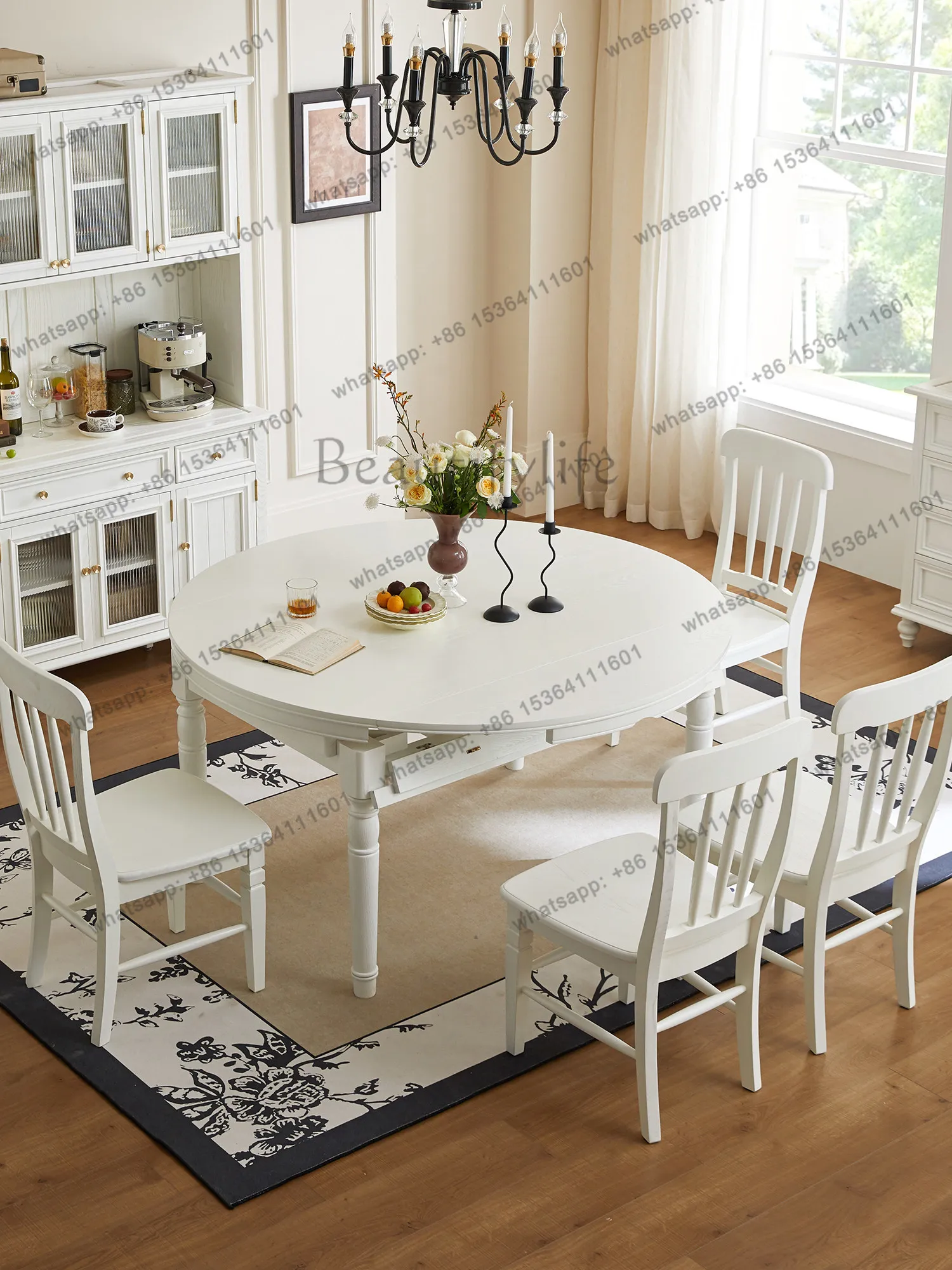 American all solid wood dining table French light luxury long round table log furniture
