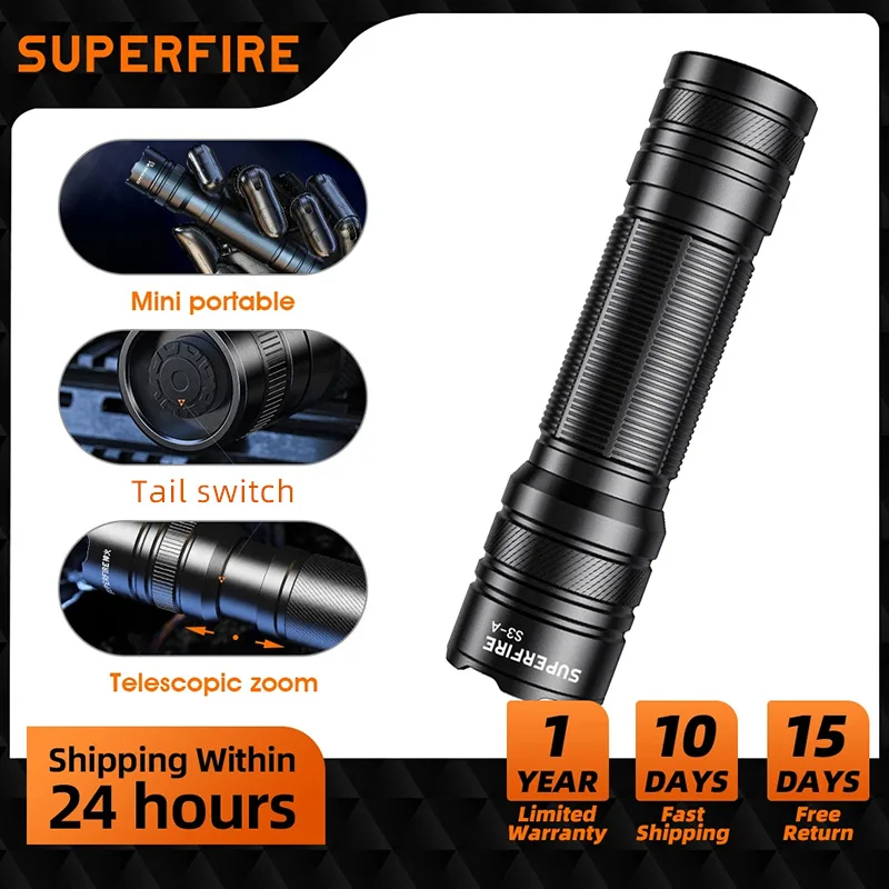 SuperFire Zoomable LED Flashlight Rechargeable or AAA Batteries Dual Power Modes High Power Lantern Flashlight with Tail Switch