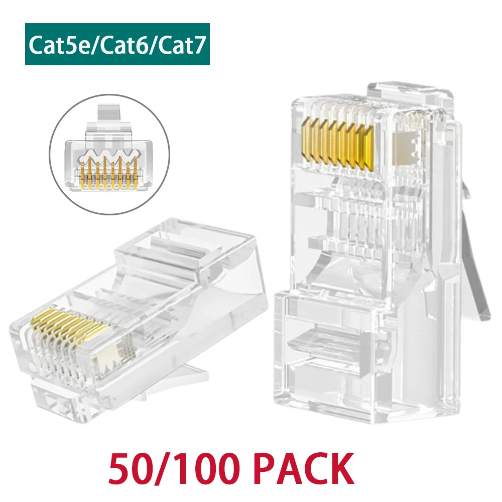 100/50PCS Cat7 Cat6 Cat5e RJ45 Shielded Connector Modular Plug Cable Network Plugs Gold-Plated Ethernet PC Hardware Cable Adapte