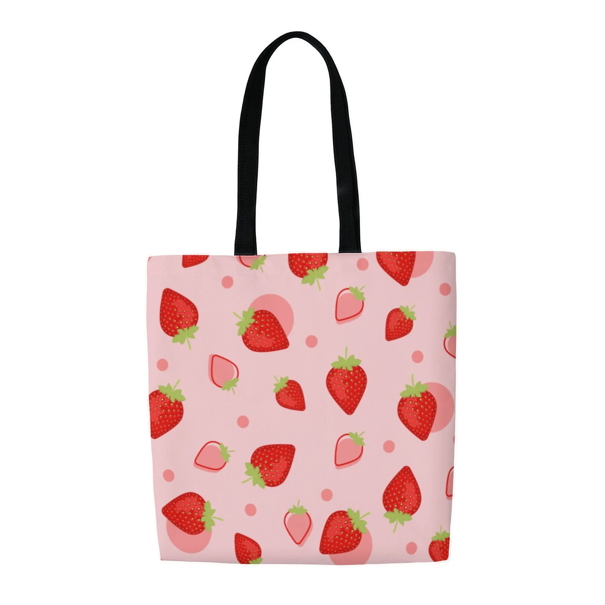 Bolso de mano de lona estilo fresa dulce, bolso de hombro con diseño de fruta rosa para mujer, bolso de compras reutilizable adecuado para viajes diarios
