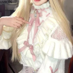 Japanese Mass-Produced Mine Off-Shoulder Sweaters Women Sweet Rhinestone Bow Knitted Pullovers Harajuku Y2k Knitwear Lolita Tops