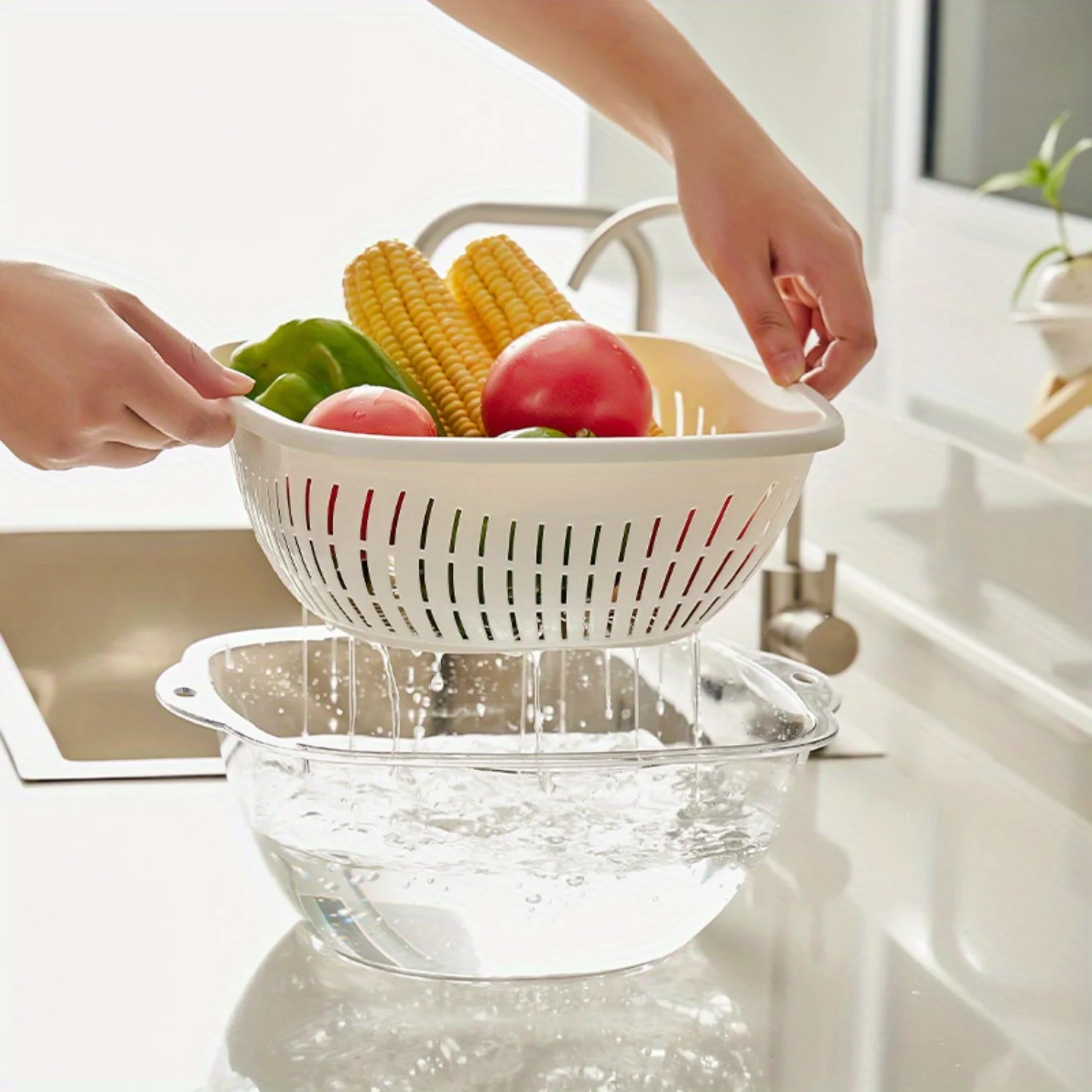 1pc Modern Double-Layer Plastic Fruit and Vegetable Drain Basket - Multi-Purpose Washing Tray Basin with  Decor Style - Perfect 