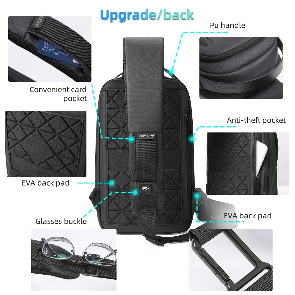 HK Waterproof Men's Shoulder Bag Lightweight Crossbody Bag Oxford Casual Satchel with USB Port Commute Business Chest Bag Male