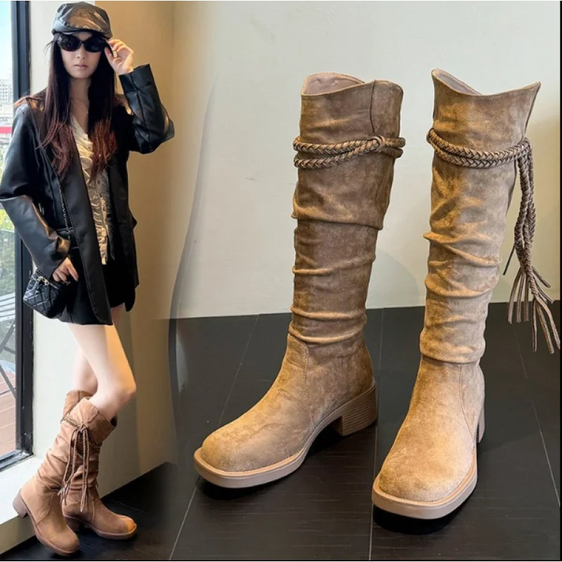 2025 Botas largas con flecos de punto para mujer, botas de caballero estilo Wasteland vintage, botines apilables de longitud media con tacón grueso