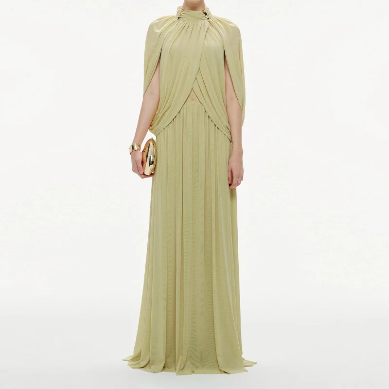 Chique Chiffon Geplooide Maxi Jurk Dames Elegant Flutter Mouw Turtleneck Patchwork Lange Jurken 2026 Nieuwe Avondfeestjurken