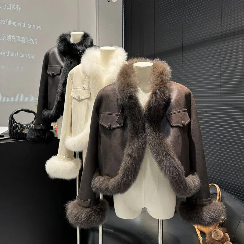Vintage Melard Composite Fur Coat for Women Autumn Winter Suede Short Eco-Friendly Fox Fur Top Faux Fur Jacket  Crop Tops Trendy