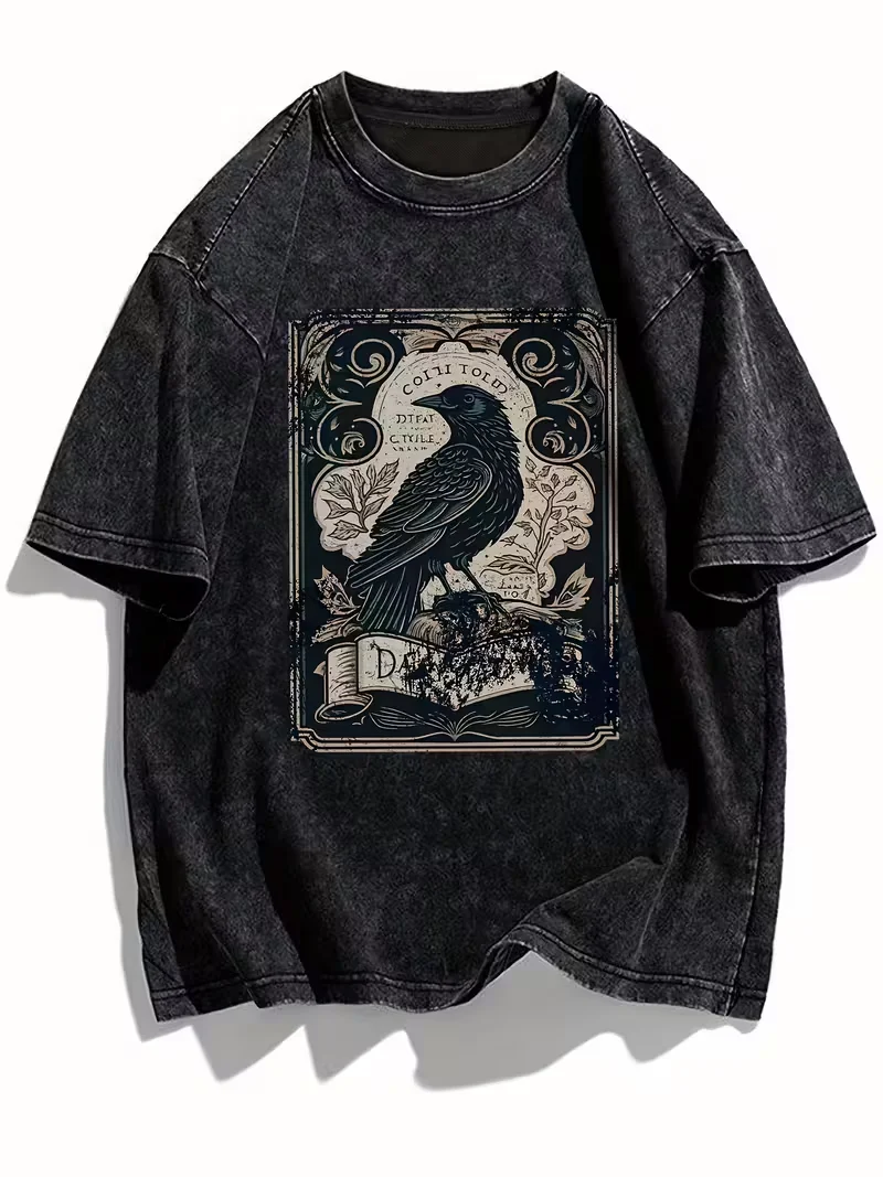 빈티지 고딕 레이븐 프린트 티셔츠 유니섹스 워싱 블랙  - Men'S Gothic Formal Wear 리뷰 및 가격