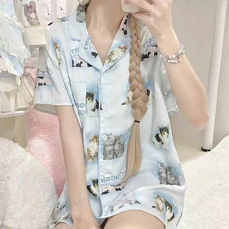 Pijama corto y largo de satén con estampado de gato para mujer, conjunto de ropa de casa de seda, fino, Kawaii, juvenil, Verano