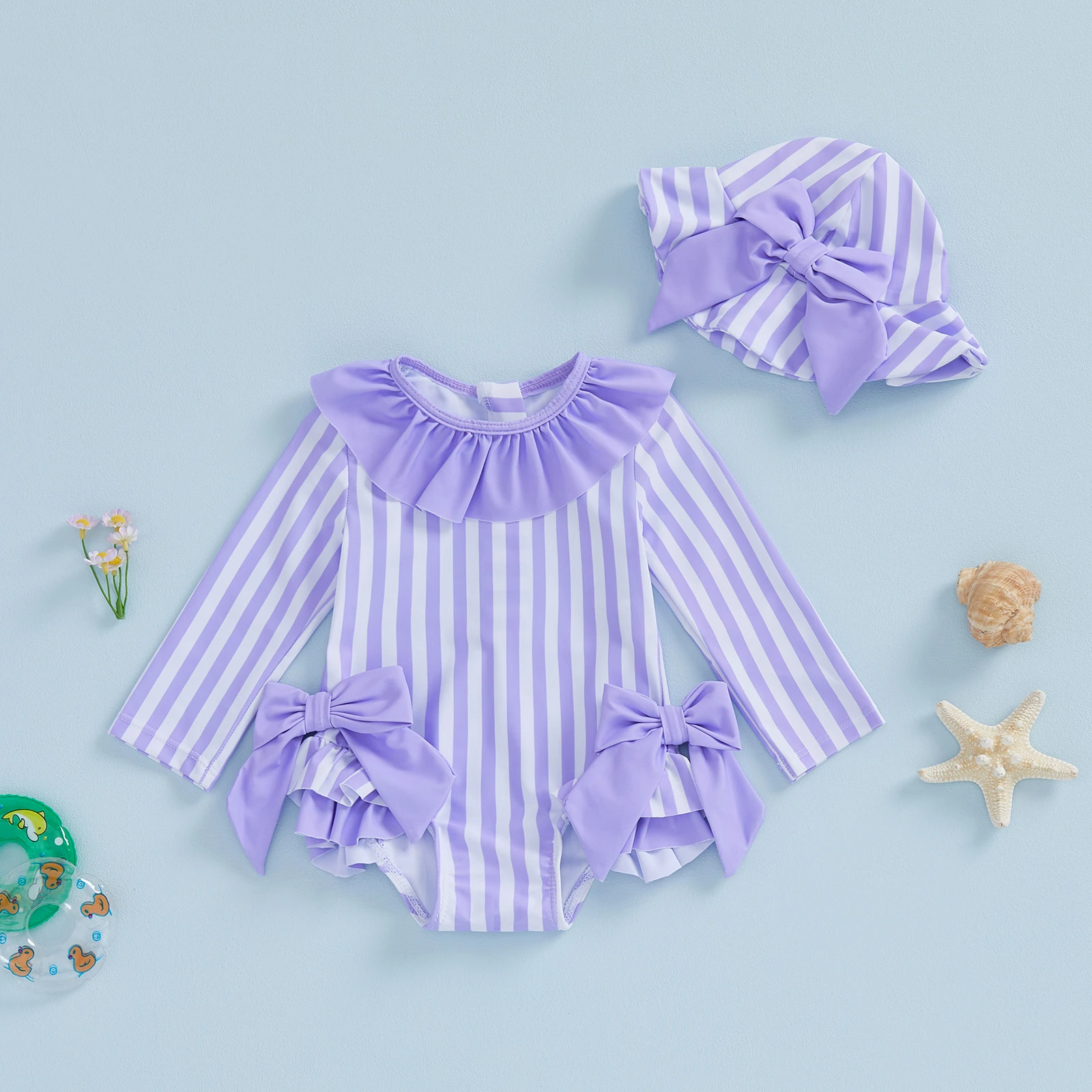Baby Girls Swimsuit Striped Bow Bikini with Hat Newborn Swimwear for Summer Bathing