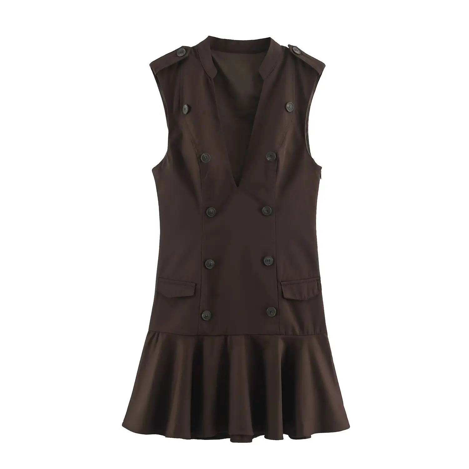 Sommerliches ärmelloses Rüschenkleid für Damen, V-Ausschnitt, hohe Taille, schicke Knopfverzierung, Mini-Kleid, lässiges Damenkleid für den Alltag. – Detail 10