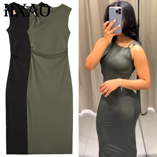 HXAO, Vestidos ceñidos con volantes para mujer, vestido verde y negro, Vestidos largos sexis sin mangas para mujer, Vestidos con corsé asimétrico 066