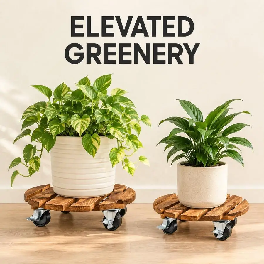 Set Of 2 12-Inch Round Wooden Plant Caddies, 2.6-Inch High Plant Stands With 360 ° Swivel Wheels, Two Locking Wheels Each, Solid