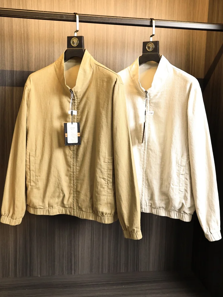 

Elegant Classic Men's Linen Blend Casual Jacket Breathable Spring Fashion Urban Style Long Sleeve Zipper Closure Pocket Detail