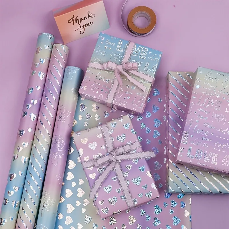 Gradient Rainbow Laser Silvery Glitter Gift Wrapping Paper Roll, Romantic Rose Heart 