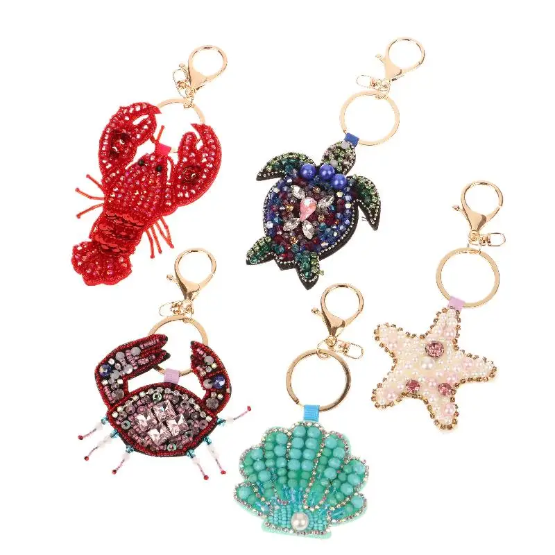 [New]Rhinestone Lobster Beaded keyring Pendant Hand Sewn Bag Charms Crab Shells Turtle Hanging Rope Patches Applique Bag Lanyard