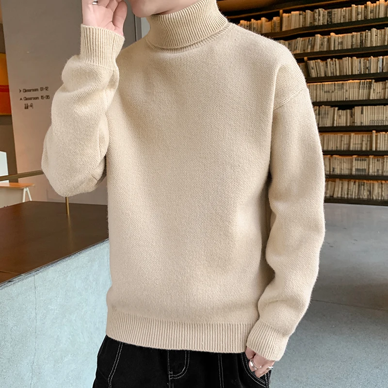 Men's Clothing Autumn Winter High-neck Screw Thread Solid Color Pullover Sweater Knitted Long Sleeve Casual High Street Tops