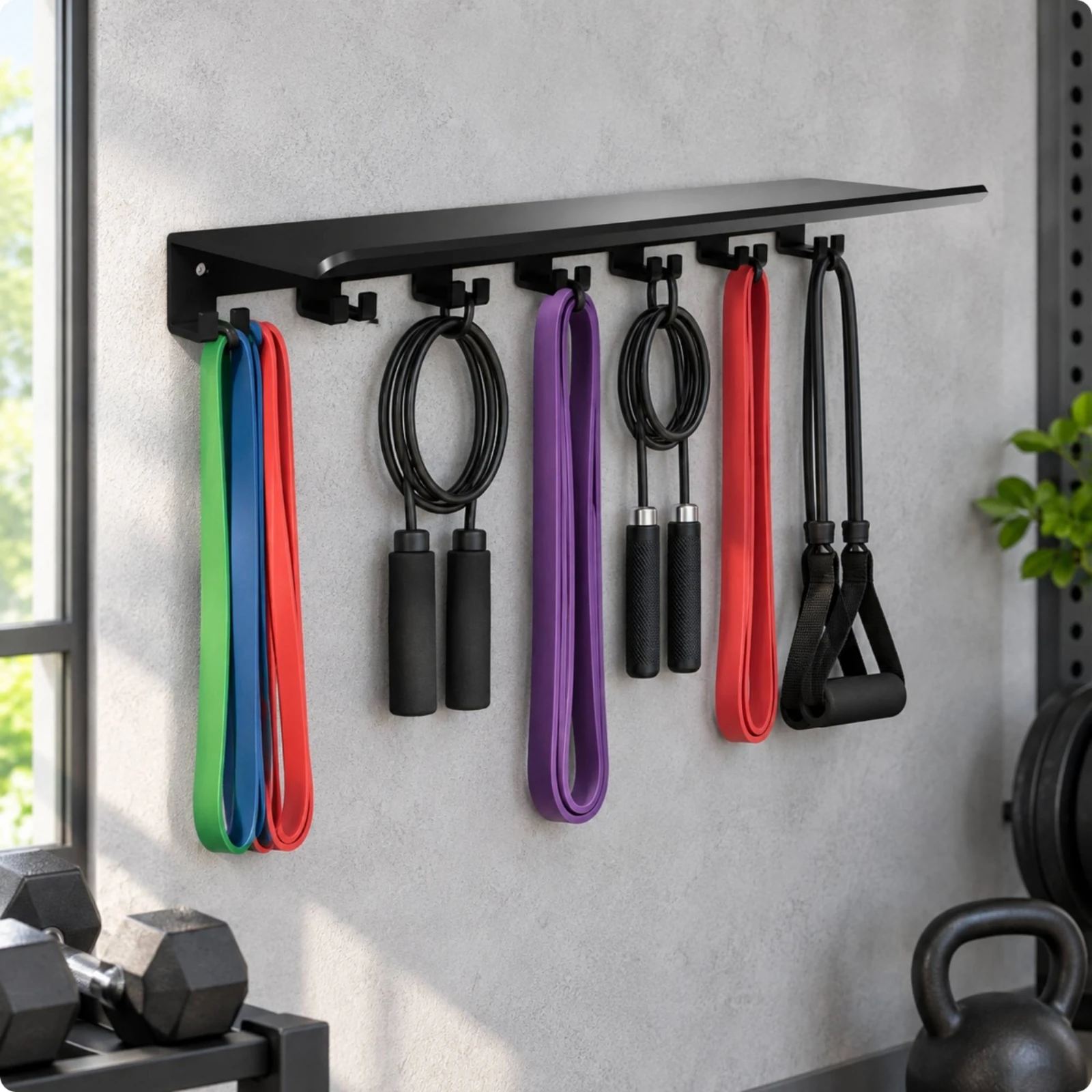 Gym Equipment Storage Rack with Hooks Heavy-Duty Wall-Mounted Fitness Equipment Storage Rack Wall Mounted Shelf Organizer Sturdy