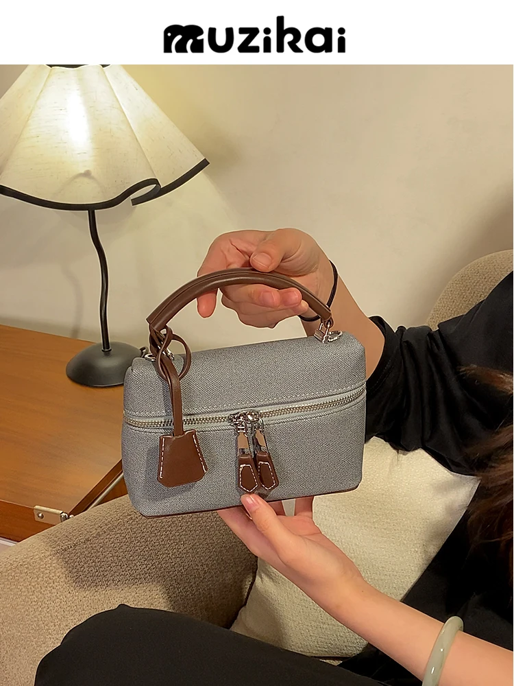 MuziKai 2026 New Women's Handbag Versatile Crossbody Box Shape Soft Handle Medium Hardness Single Shoulder Strap Zipper Closure
