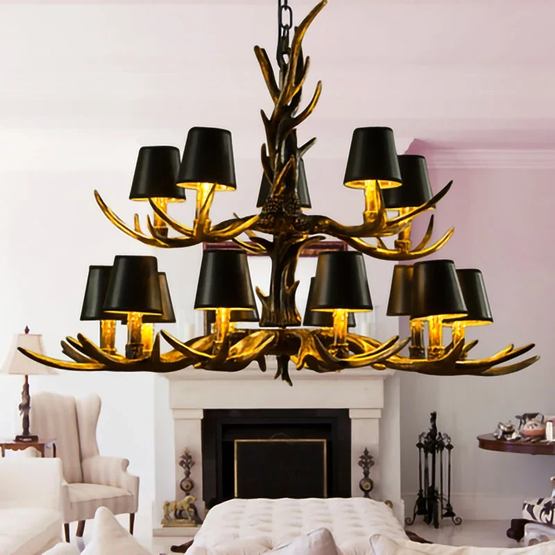 American Country Retro Resin Antler Chandelier for Restaurant Living Room Pendant Lamp Modern Home Decor Vintage Rustic Lighting