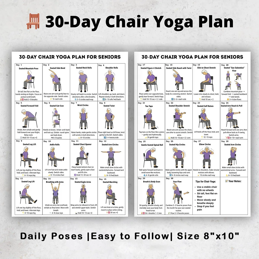 30 Days Chair Yoga Plan Poster for Seniors Home Exercise Guide with Low Impact Movements to Prevent Falls and Improve Balance