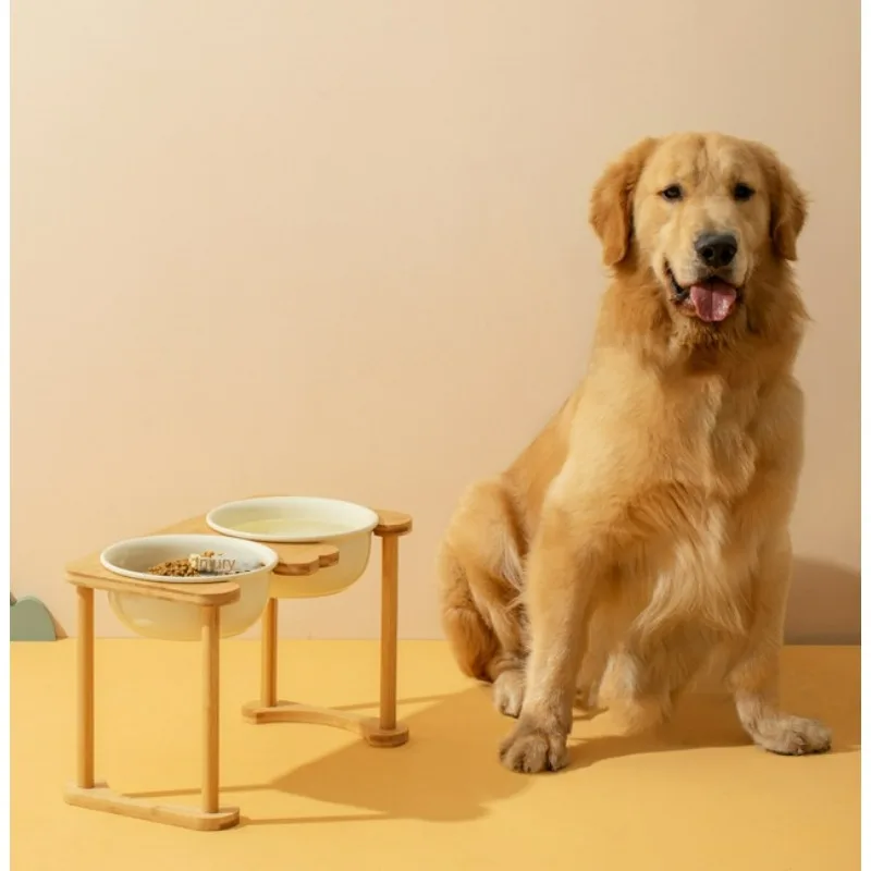 Big Dogs Dining Table Elevated Pet Double Food Water Bowls with Wooden Stand Medium Dog Drinking Eating Feeding Feeders