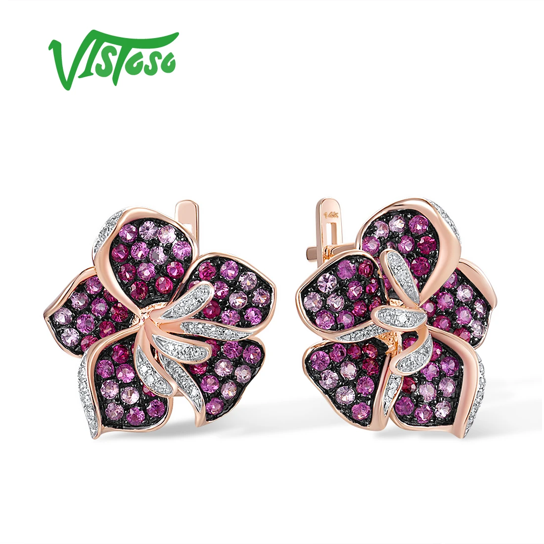 

VISTOSO Genuine 14K 585 Rose Gold Earrings For Women Sparkling Diamond Pink Sapphire Ruby Lily Flower Gorgeous Fine Jewelry