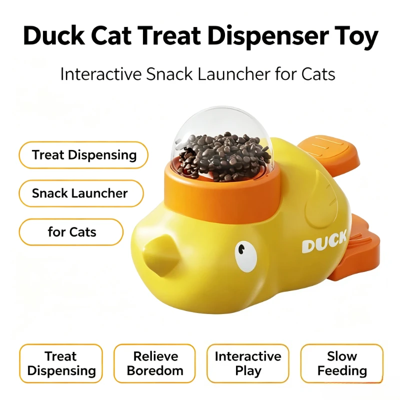 Duck Cat Treat Dispenser Toy Interactive Tease Cat Stick Freeze‑Dried Snack Launcher Relieve Boredom Pet Feeding Toy