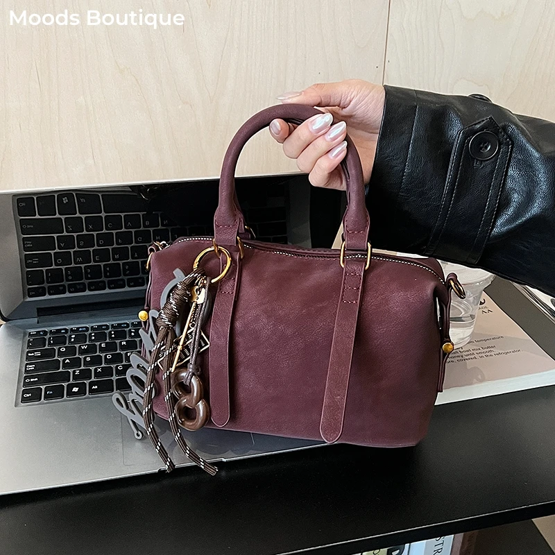 

MOODS Retro Mini Boston Top-handle Bag For Women Luxury Designer Purses And Handbags Quality Shoulder Crossbody Bag With Pendant