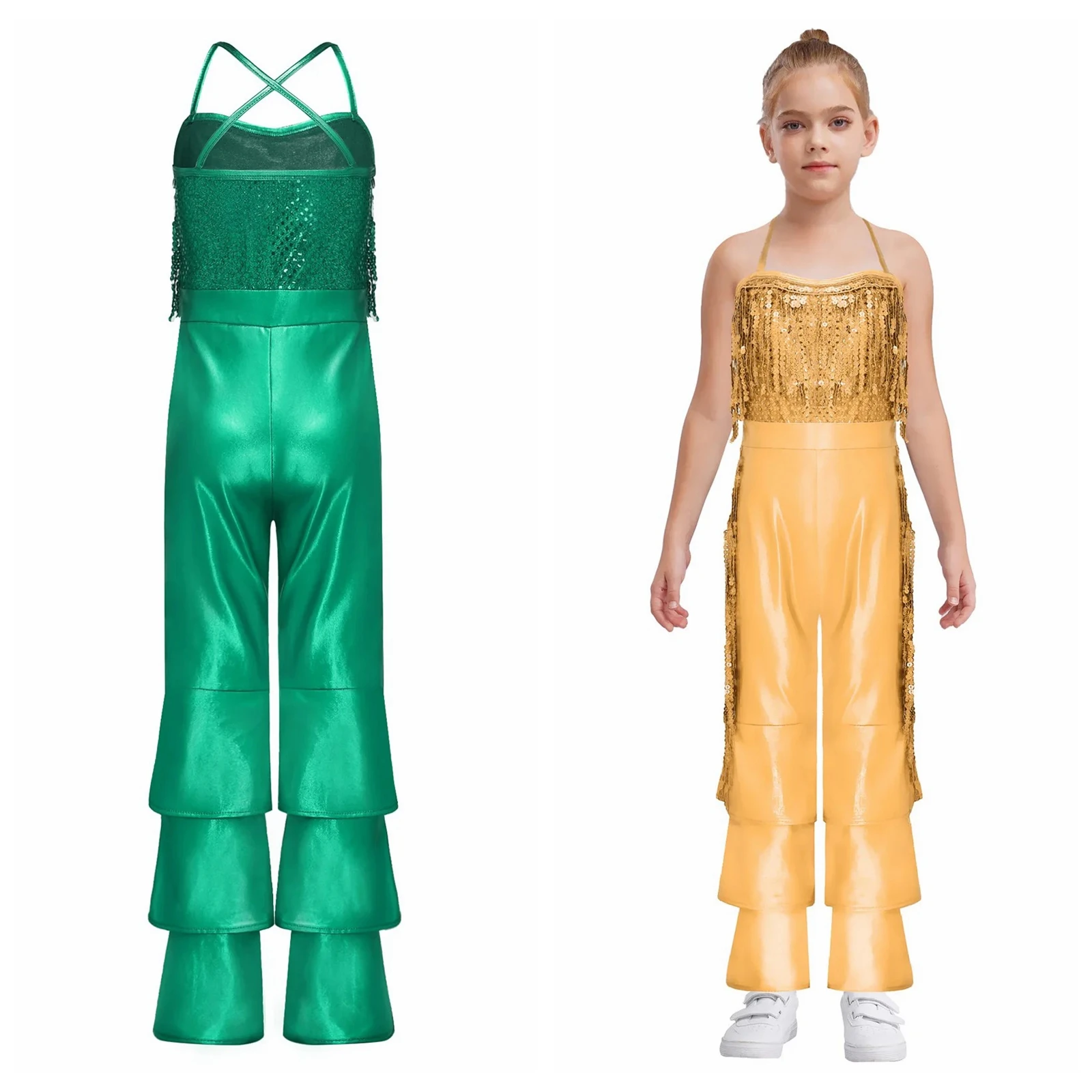 

Костюм для дискотеки для девочек, комбинезон с лямкой на шее, расклешенный комбинезон без рукавов, боди с блестками и кисточками, одежда для выступлений на Хэллоуин